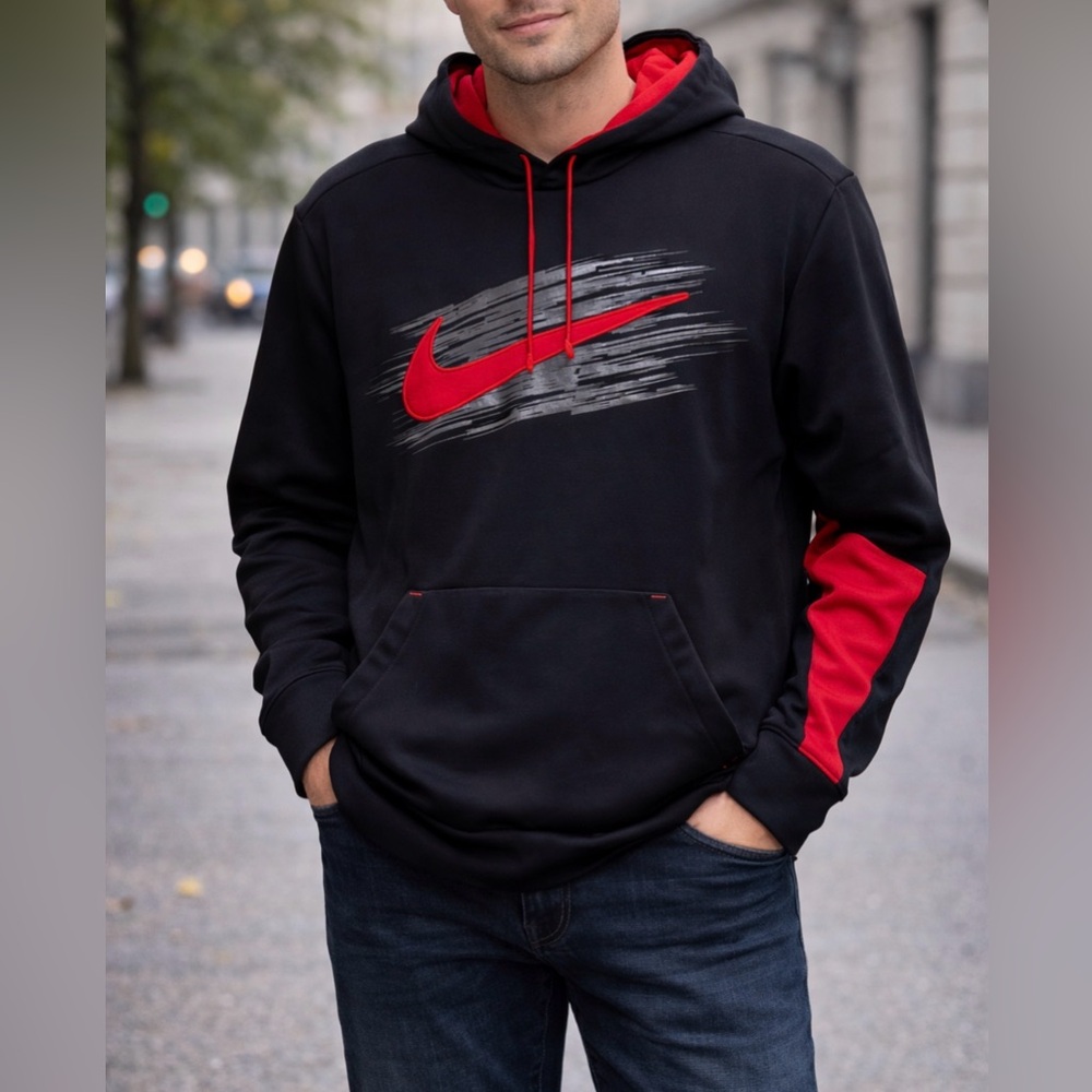 Nike Black Red Swoosh Graphic Hoodie Pullover Medium